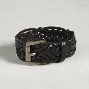 John Varvatos Black Leather Braided Cuff Bracelet